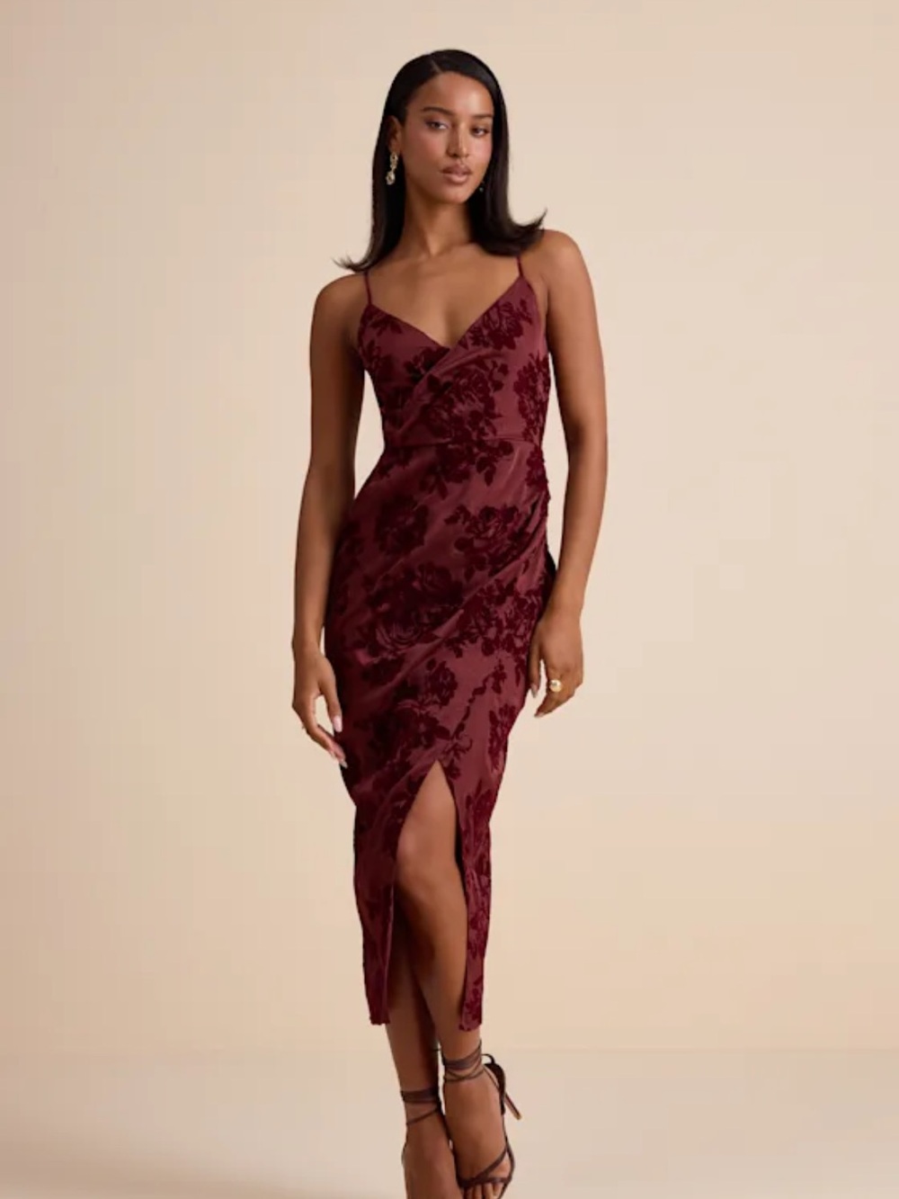 Lulu's Burgundy Floral Burnout Slip Midi Dress